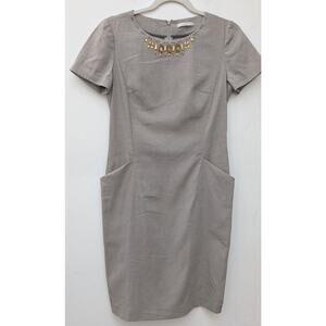 Izzat Baba Women's Sheath Dress Gray Beaded Neckline Short Sleeve Pockets Sz XS